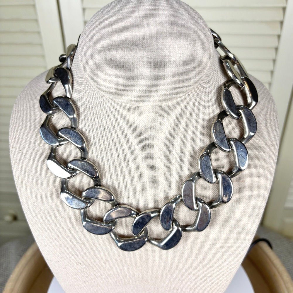 Vintage Brutalist Silver Chunky Curb Link Necklace 80s 90s Edgy Moto Indie Chain